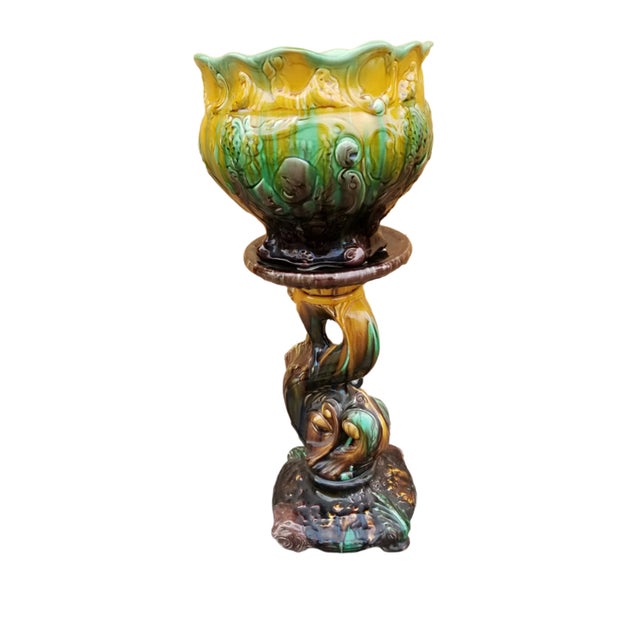 Art Nouveau Vintage Weller Majolica Pottery Jardiniere & Pedestal Set For Sale - Image 3 of 9