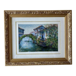 Chinese Silk Needlework in Gold Frame For Sale