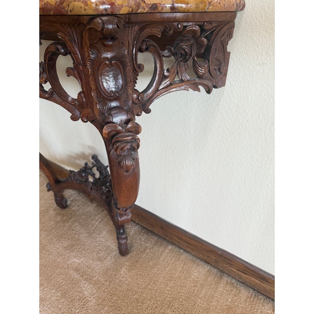 Brown Late 19th Century French Hand Carved Walnut Wall Console With Marble Top For Sale - Image 8 of 15