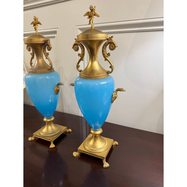 Baccarat Pair Antique French Blue Opaline Urns With Ormolu Mounts Cherub Finials Eagle Handles 19th Century For Sale - Image 4 of 15