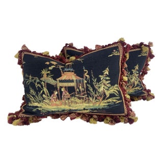 Vintage Tasseled Chinoiserie Tapestry Lumbar Pillows/A Pair For Sale