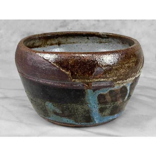 Vintage Abstract Stoneware Drip Glazed Studio Pottery Bowl For Sale - Image 4 of 7