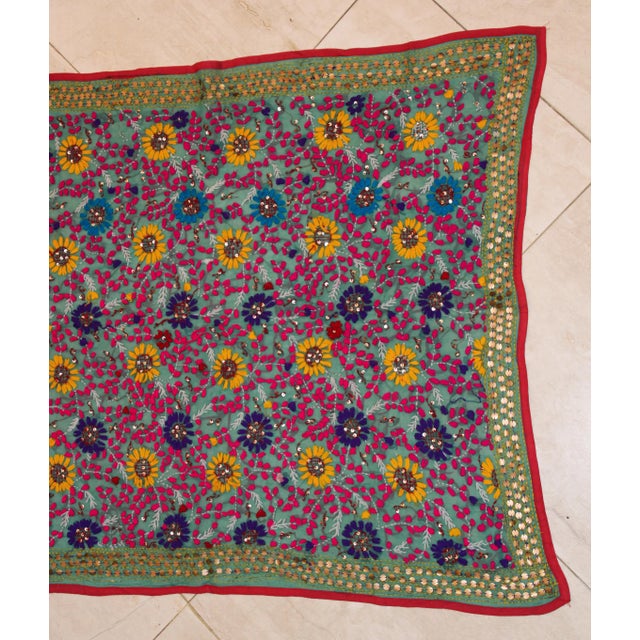 Vintage Suzani Embroidery in Teal Background with Yellow Pink Turquoise For Sale - Image 12 of 13