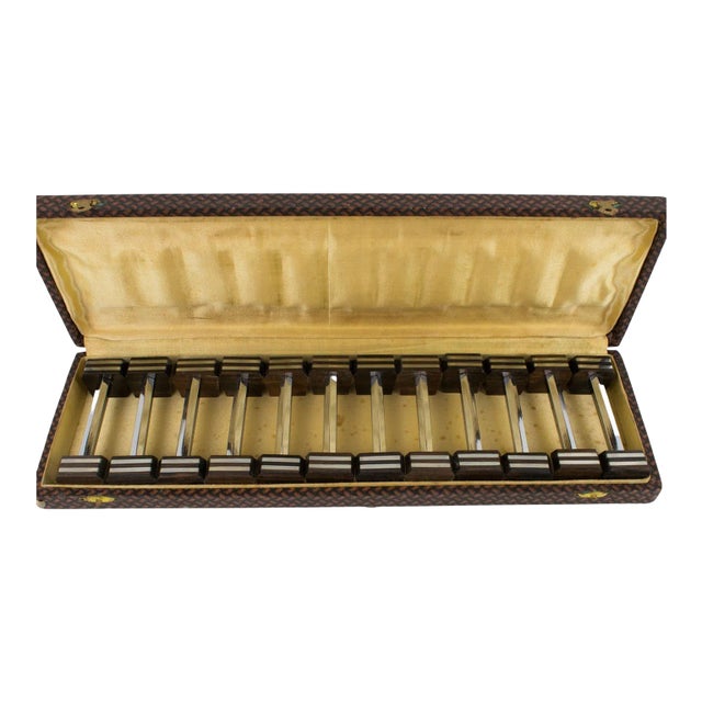 Art Deco Chrome and Macassar Wood Chopstick Knife Rests, 12 Pieces in Box For Sale
