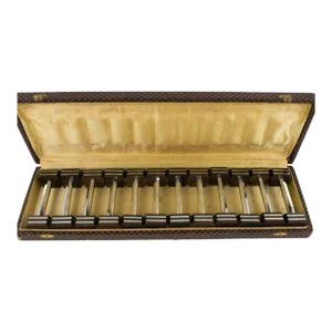 Art Deco Chrome and Macassar Wood Chopstick Knife Rests, 12 Pieces in Box