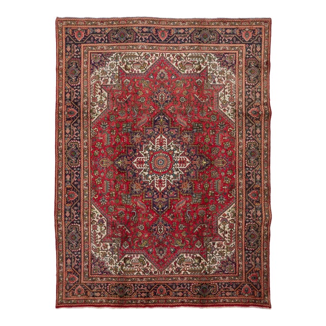 Red Vintage Heriz Handmade Wool Rug With Medallion Design For Sale
