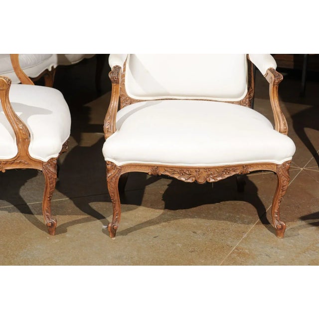 Wood Italian 19th Century Rococo Style Carved Walnut Upholstered Armchairs - A Pair For Sale - Image 7 of 12