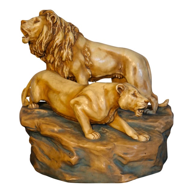 Circa 1900 Austrian Art Nouveau Theodore Schoop for Bernard Bloch Porcelain Lion and Lioness on Rock Figural Group Sculpture For Sale
