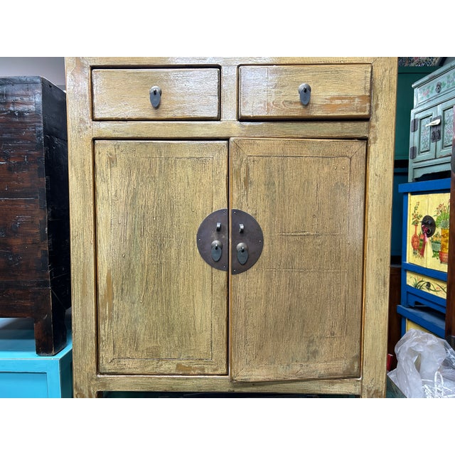 Distressed Mustard Yellow 2 Drawers Doors End Table Nightstand Cabinet For Sale In San Francisco - Image 6 of 6