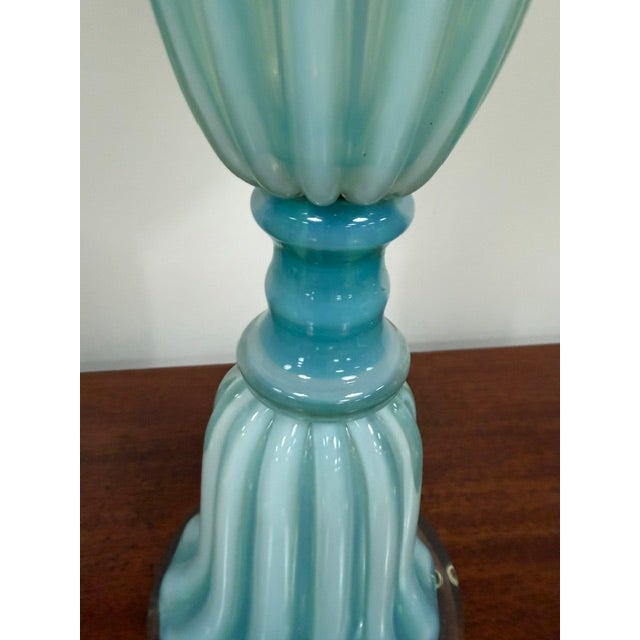 Murano Beautiful Vintage Turquoise Murano Opaline Glass Lamp With Ribbed and Flared Shape For Sale - Image 4 of 9