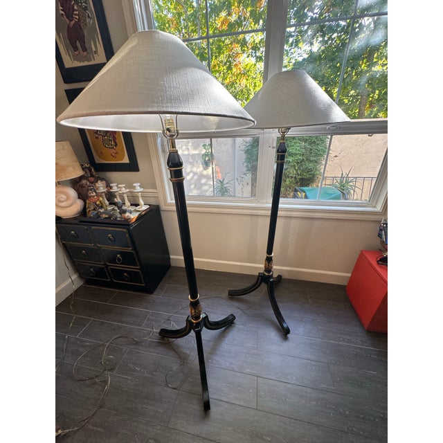 Vintage, Neoclassical Ebonized & Gilt Tripod Floor Lamps Pair For Sale - Image 4 of 12