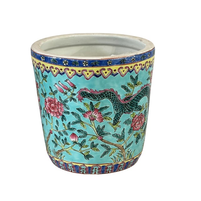 Antique Chinoiserie Famille Rose Porcelain Jardiniere With Turquoise Glaze 8"h For Sale In New York - Image 6 of 12