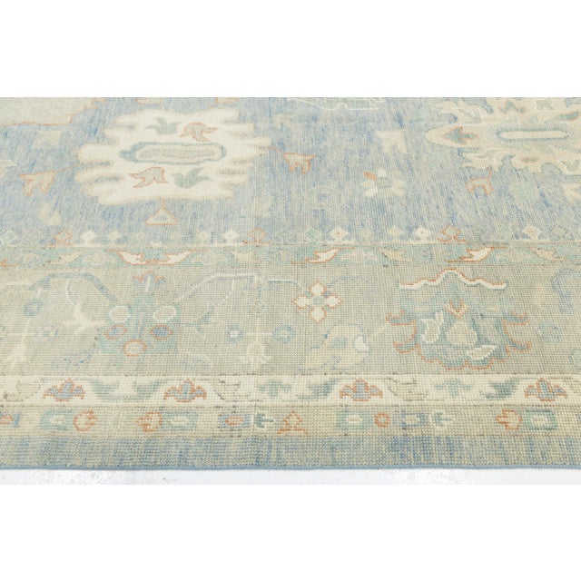 Hand-Knotted Modern Oushak Wool Rug in Soft Sky Blue, Cream & Muted Teal For Sale In New York - Image 6 of 11