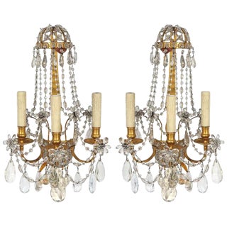 Pair of 19th C French Dore Bronze Crystal Sconces For Sale