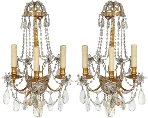 Pair of 19th C French Dore Bronze Crystal Sconces