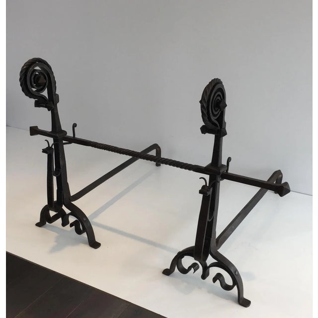 1900 - 1909 Tall Wrought Iron Andirons showing a Snail - A Pair For Sale - Image 5 of 13