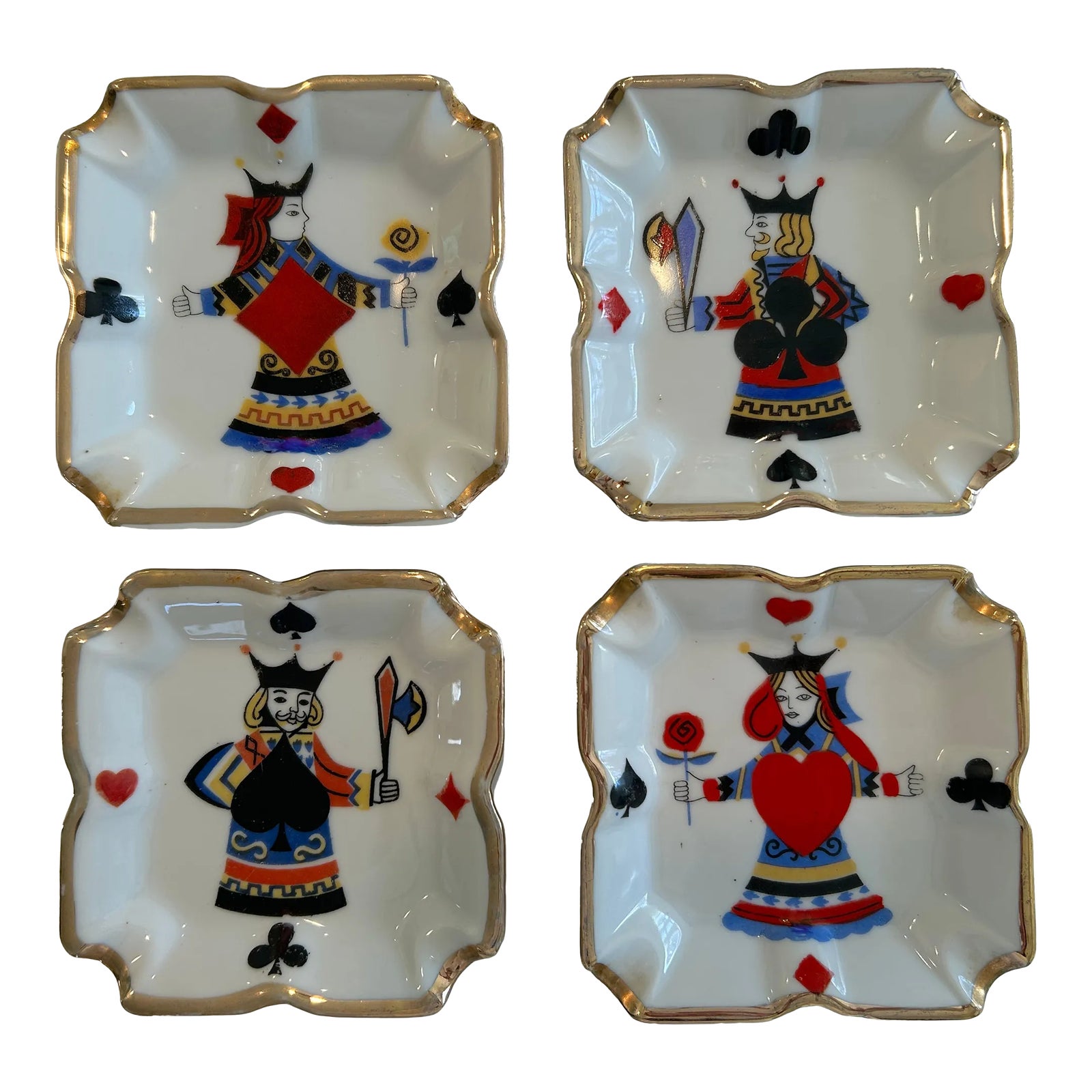 Set of Four - Mid-Century Porcelain Gold Rimmed Playing Card Design ...