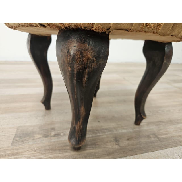 Wood Vintage Walnut Pouf with Fabric-Covered Seat, 1940s For Sale - Image 7 of 9