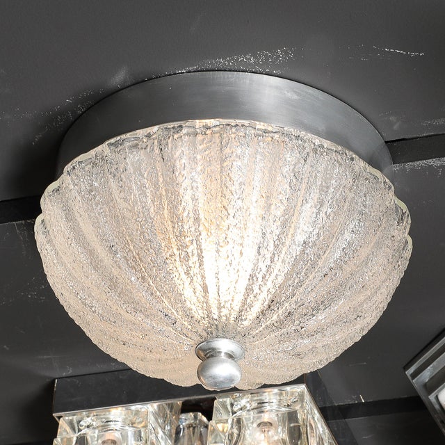 Glass Pair of Mid Century Mottled & Fluted Murano Glass Flush Mount Chandeliers For Sale - Image 7 of 18