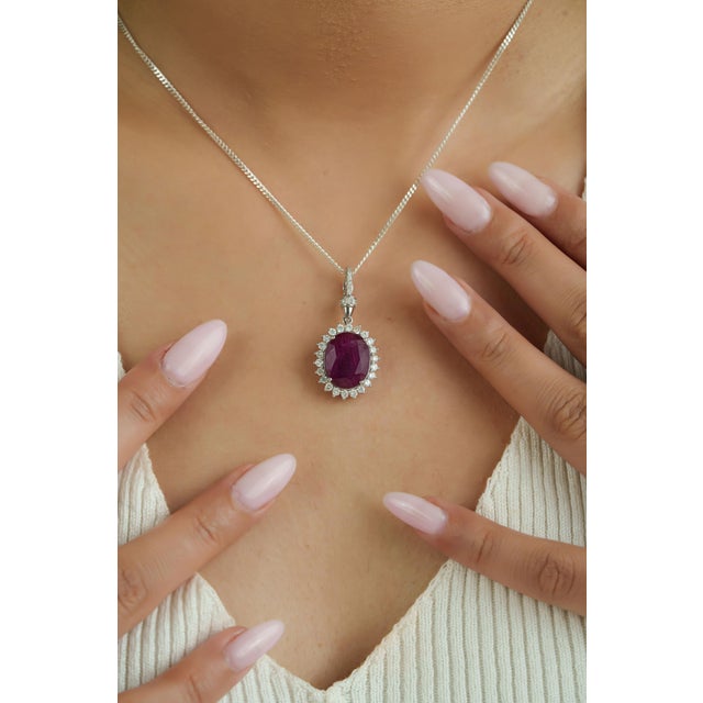 Contemporary 8.69Ct Oval Cut Ruby & Diamond Halo Contemporary Pendant in 14k White Gold For Sale - Image 3 of 14