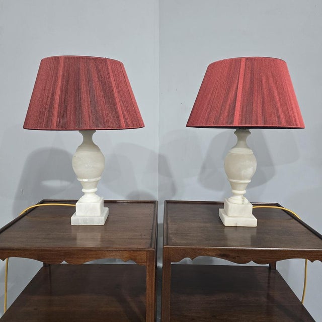 A very good pair of white marble table lamps, rewired and in very good overall condition. 14" high 4" square UK Plug (up...