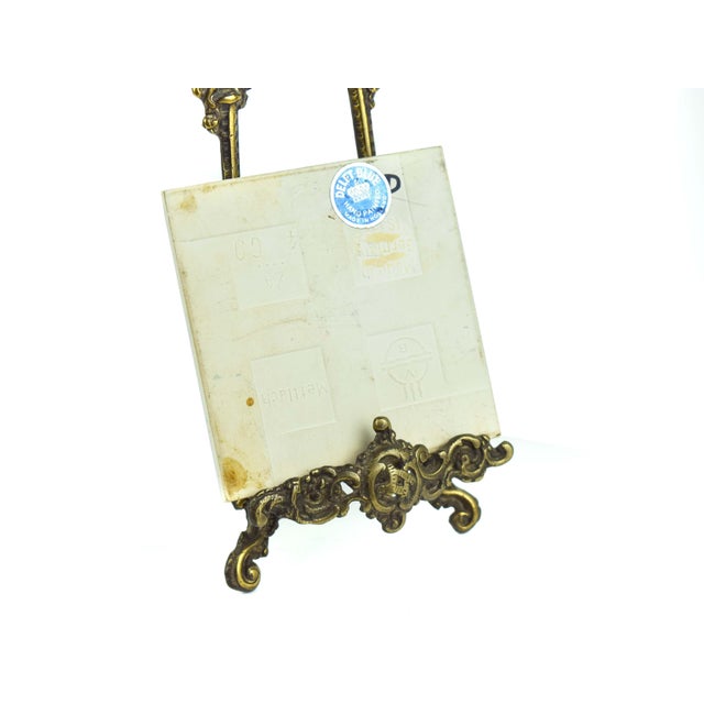 Hand Painted Delft Blue Windmill Tile on Ornate Rococo Style Brass Easel Display Stand - 2 Pieces For Sale - Image 4 of 4