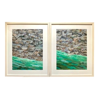 Vintage Abstract Expressionist Green Landscape Paintings, Pair For Sale
