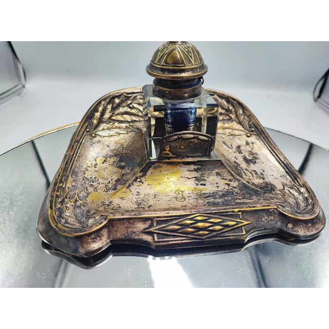 Silver Art Nouveau Brass Silver-Plated Inkwell Set, Set of 3 For Sale - Image 8 of 8