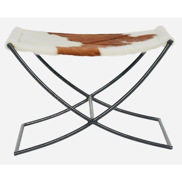 American Brown & White Hair-on-Hide Sling Stool With Black Metal X-Base For Sale - Image 3 of 6