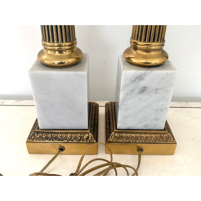 Mid 20th Century Italian White Marble and Carved Brass Neoclassical Column Lamps, a Pair For Sale - Image 9 of 11