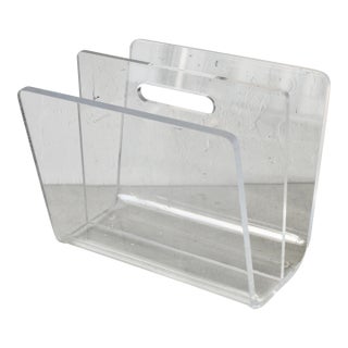 Vintage Modern Heavy Lucite Acrylic Two Section Magazine Holder Built-in Handle For Sale