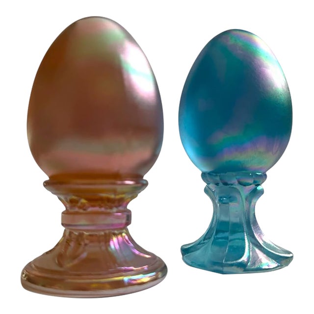 Vintage Fenton Iridescent Art Glass Eggs, Pair | Pink & Aqua Blue For Sale