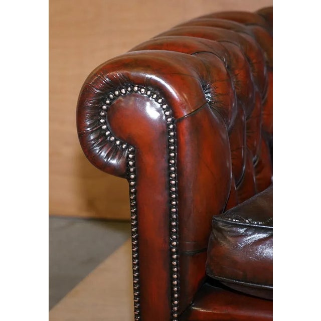 Vintage Oxblood Bordeaux Leather Chesterfield Club Sofa on Turned Legs For Sale - Image 11 of 18