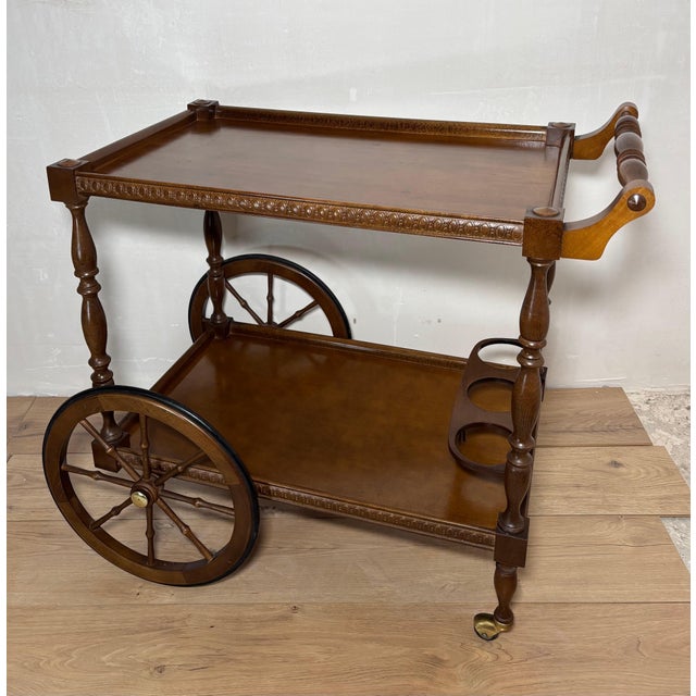 Spanish Mid-Century Wooden Bar Cart with Turned Legs and Bottle Holder For Sale - Image 12 of 12