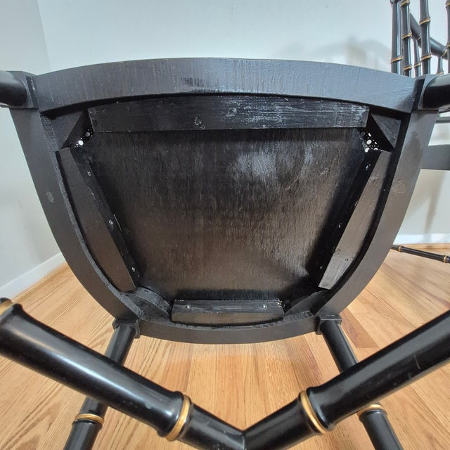 Late 20th Century Baker Furniture Attrib. Black & Gold Regency Faux Bamboo Cane Seat Arm Chairs, a Pair For Sale - Image 9 of 11