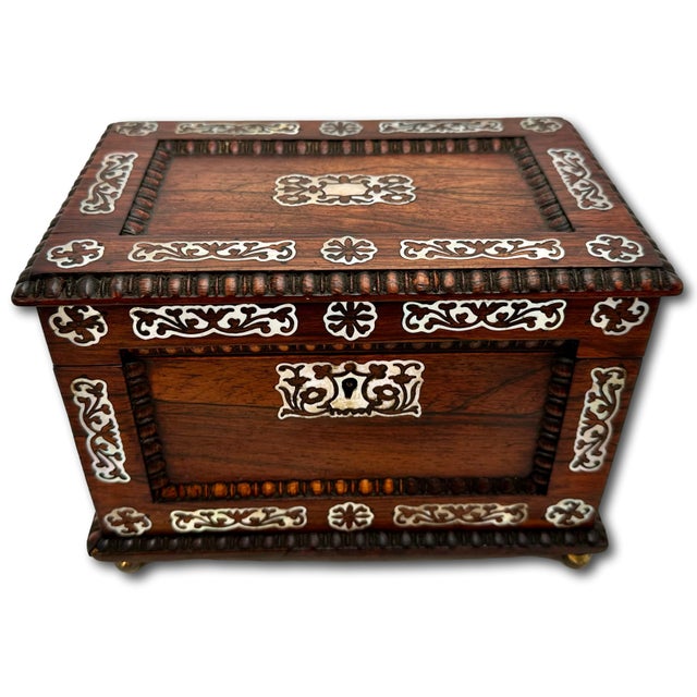 Auburn Outstanding Antique Victorian Rosewood Veneer Tea Caddy Box With Fancy Abalone Inlay Features - Circa 1870s For Sale - Image 8 of 18