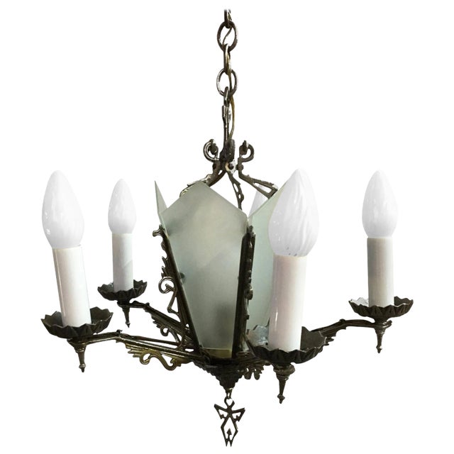 Art Deco Slat Glass Chandelier With Geometric Details For Sale