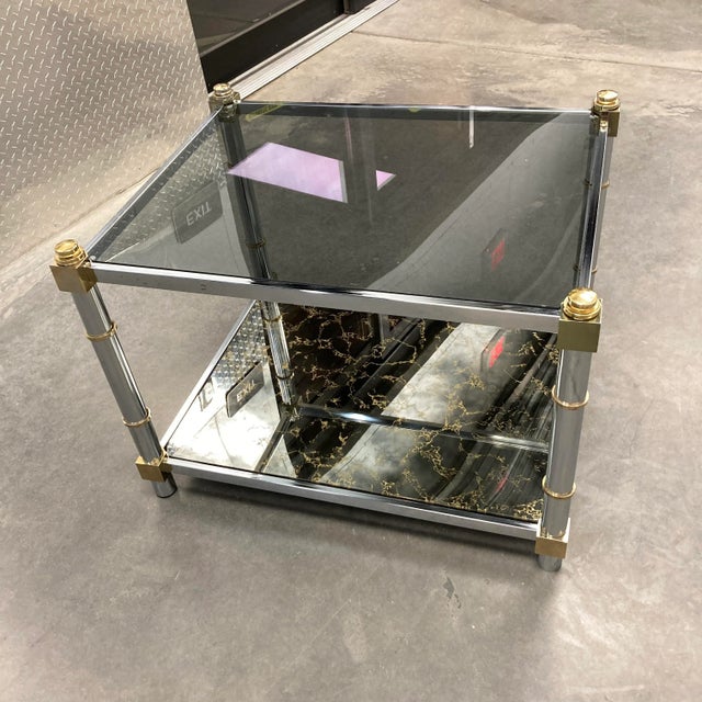 1980s Mid-Century Modern Chrome & Brass Tiered Glass End Table For Sale - Image 10 of 13