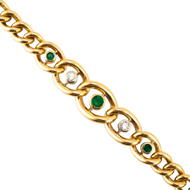 Vintage 18k Yellow Gold Emerald Diamond Graduated Articulated Curb Link Bracelet For Sale In Houston - Image 6 of 7