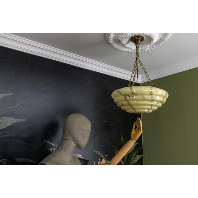 Art Deco Layered Marbled Yellowish Beige and Brown Glass and Brass Pendant Light, 1950s For Sale - Image 11 of 18
