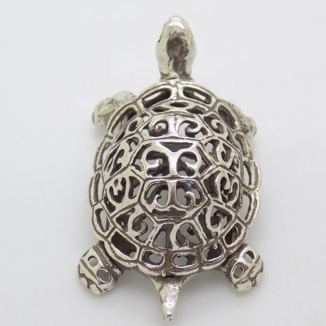 1980s Vintage Italian Handmade Genuine Silver Perforated Turtle Figurine Miniature For Sale - Image 5 of 12