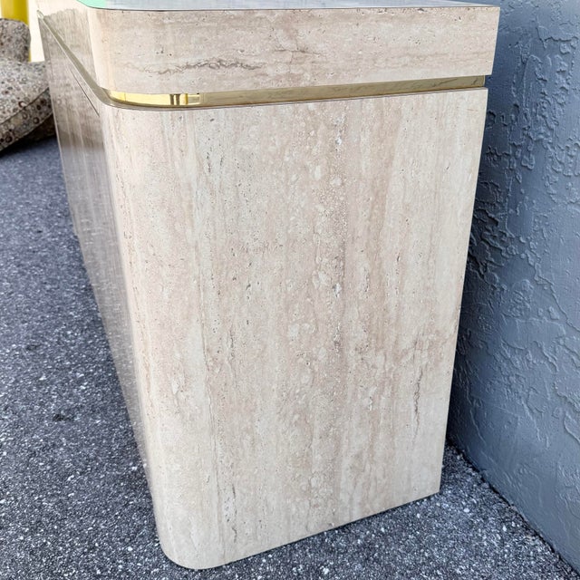 Wood Postmodern Faux Travertine Laminate Credenza With Gold Accent For Sale - Image 7 of 8