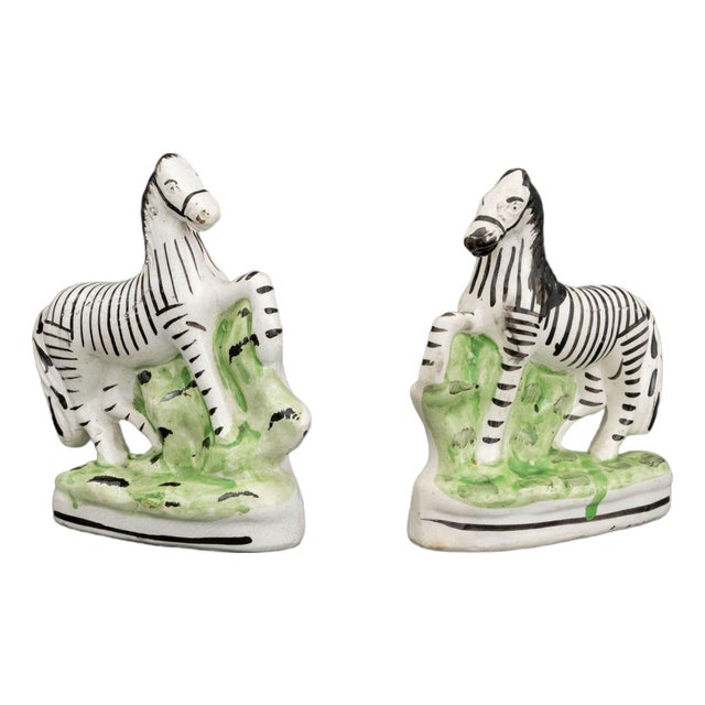 Pair of Staffordshire Painted Ceramic Zebras For Sale
