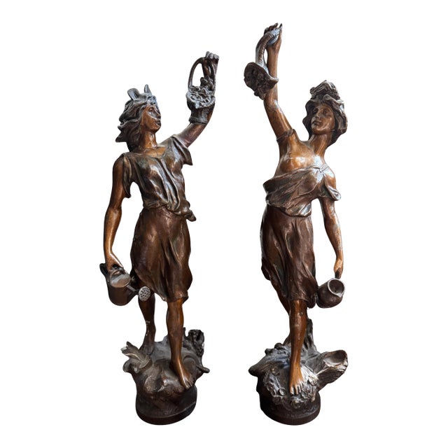 Pair of Antique Art Nouveau Spelter Figures – Allegorical Maidens, C. 1890–1910 For Sale