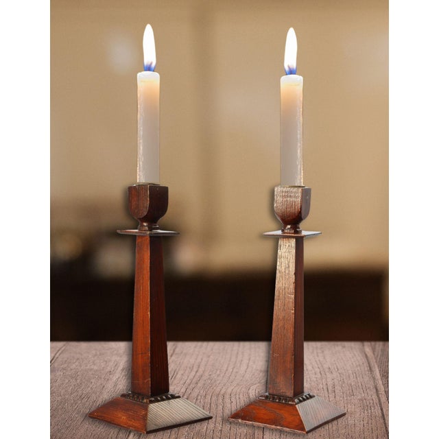 Early 20th Century Antique Arts & Crafts English Oak Candlesticks For Sale - Image 5 of 5