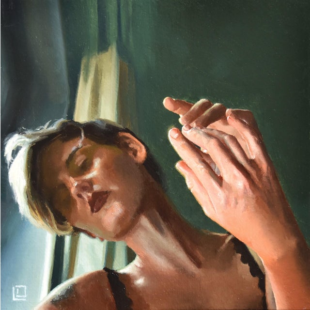 Mirrored Touch by Linda Delahaye | Oil on cradled wood panel of a woman with hands raised. For Sale