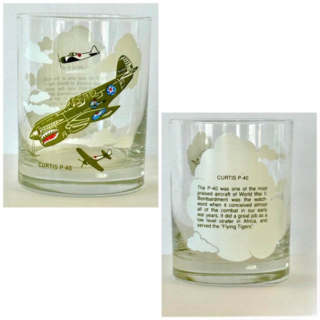 World War II Wwii Planes B-25, Spitfire, Me-109, Zero, B-17, Curtis P-40, Double Old Fashion Lowball Glasses Set of 6 Mid Century Modern For Sale - Image 12 of 14