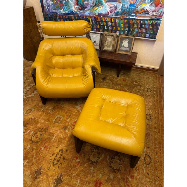Very rare, Percival Lafer matching set of armchair and ottoman with original mustard leather upholstery in exceptionally...