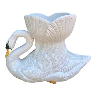 Hand Painted Glazed Italian Terra Cotta Swan Planter Jardiniere For Sale