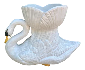 Hand Painted Glazed Italian Terra Cotta Swan Planter Jardiniere